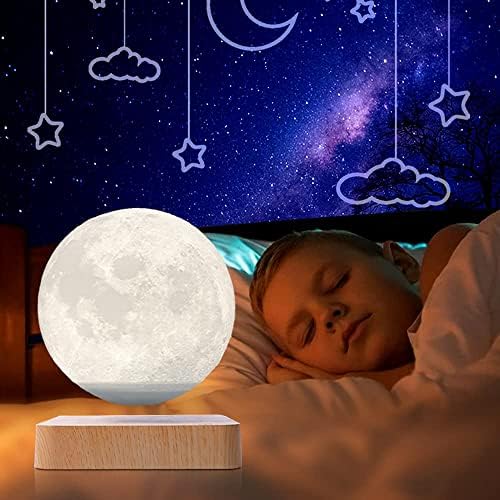 Levitating Moon Lamp Magnetic Floating Night Light Unique Levitation Bedside Table Lamp Creative Desk 3D Printing LED Light with Wooden Base for Office Bedroom Home Decorations(Wood Colors)