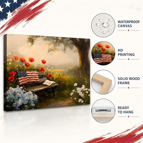 RIBNTAK Made in USA Farmhouse Floral 4th of July Canvas Prints– Vibrant Bench in Peaceful Garden Landscape Wall Art, Memorial Day Pictures for Living Room, Bathroom, or Office Wall Decor