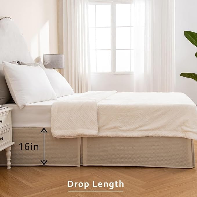 MIYE Pleated Waffle Weave Bed Skirt, Tailored Dust Ruffle 16 Inch Drop Easy Fit, Machine Washable,No Split Corners (Beige, TwinXL - 16" Drop)