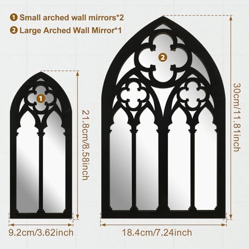 3Pcs Gothic Mirrors Wall Decor 11.8" Arched Decorative Mirrors Wall Mounted Goth Room Decor Vintage Cathedral Window Mirror Indoor Accent Wood Framed Entry Mirror for Living Room Bathroom