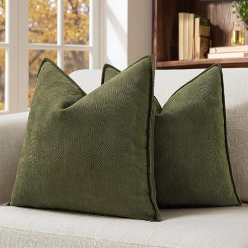 MIULEE Pack of 2 Olive Green Euro Shams Chenille Pillow Covers 24x24 Inch