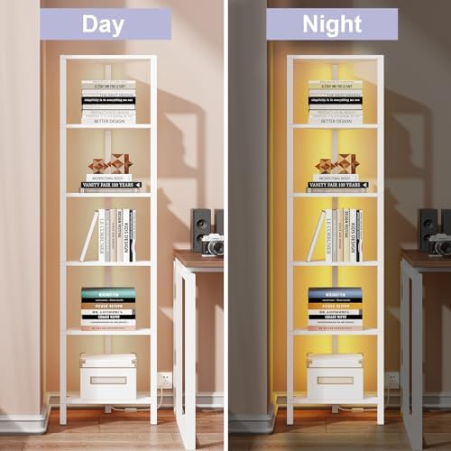 TUTOTAK 6-Tier Corner Bookshelf with LED Light, Corner Shelf