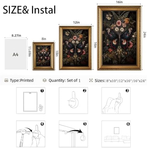 Vintage Gold Framed Butterfly Wall Art Dark Academia Canvas Art Prints | Dark Moody Floral Pictures Gothic Botanical Paintings Wall Decor Artwork for Living Room Bedroom 16x24in