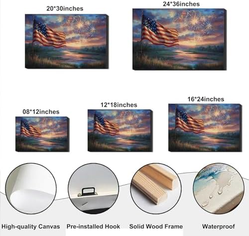 RIBNTAK 4th of July Canvas Art – Vibrant American Flag & Fireworks, Patriotic Wall Art for Independence Day, Perfect for Living Room, Office, Holiday Decorations and Inspirational Artwork