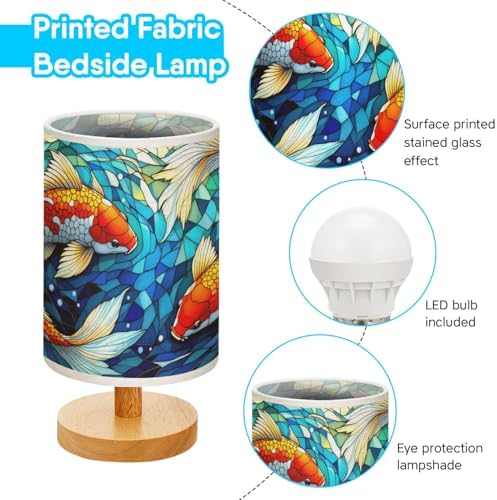Koi Fish Table Lamp LED 3-Color Pressed Bedside, Koi Fish Shade Lamp with Wood Base for Bedroom Living Room Desk Office TL01