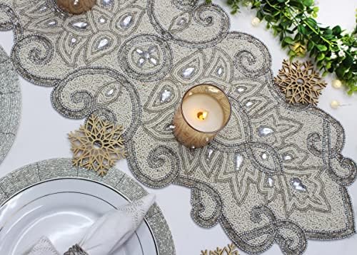 COTTON CRAFT Handmade Beaded Table Runner - 13x36 inches - Ivory & Silver
