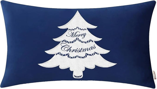 BRAWARM Christmas Pillow Cover 12 X 20 Inches, Navy Blue Christmas Tree Embroidered Lumbar Pillow Cover, Soft Velvet Decorative Throw Pillow for Couch Bed Sofa Living Room Home