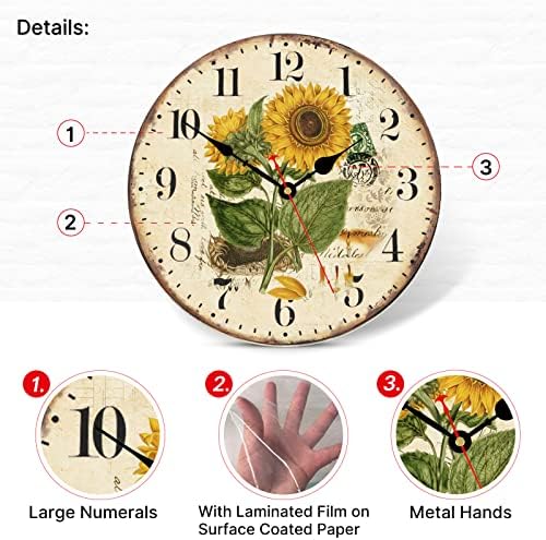 TAHEAT Vintage Floral Wall Clock, Yellow Summer Sunflower Kitchen Decor and Accessories, Decorative Battery Operated Clocks for Living Room Bedroom Bathroom Farmhouse, 12 Inch