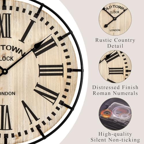 EMAX HOME Rustic Farmhouse Wall Clock 24 Inch, Vintage Oldtown London Wooden Large Clock with Silent Tick, for Bedroom, Office, Kitchen, Indoor Home Decoration