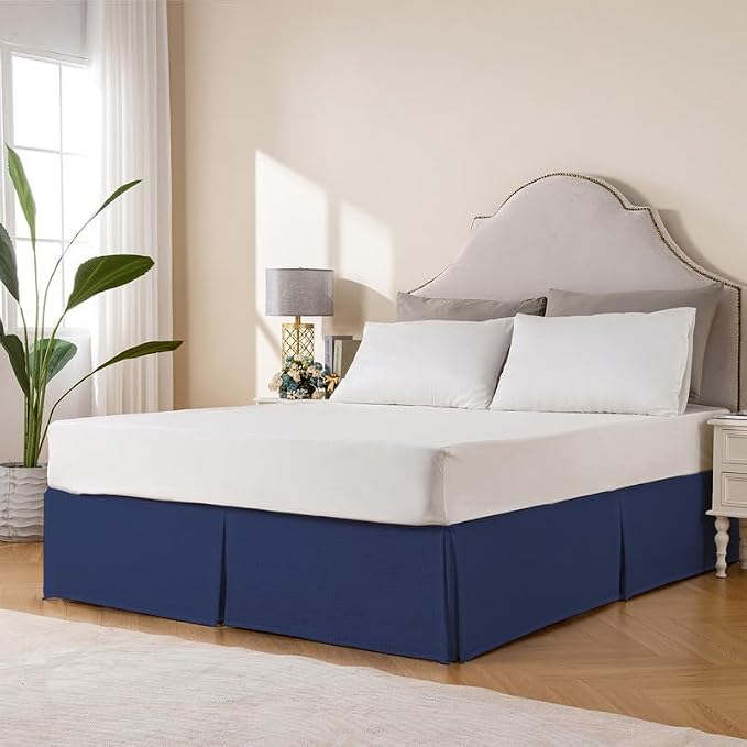 MIYE Pleated Waffle Weave Bed Skirt, Tailored Dust Ruffle 16 Inch Drop Easy Fit, Machine Washable (Navy Blue, Queen - 16" Drop)