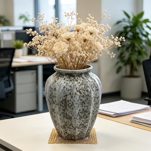 AOZITA Ceramic Flower Vase, 9.3" Tall Rustic Farmhouse Vase with Fluted Texture, Large Vintage Home Decor for Living Room, Kitchen, Bedroom & Office, Antique