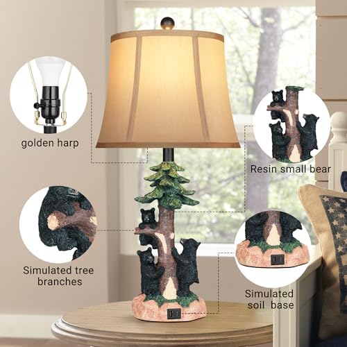 Hamucd Rustic Farmhouse Climbing Bear Table Lamps Set of 2 for Living Room with USB A+C,Bedroom Accent Tree Nightstand Lamps for Western Country Wood Cottage Christmas Decor(2 Bulbs Included)
