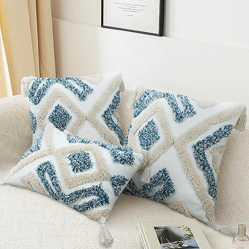 Merrycolor Boho Throw Pillow Covers 12x20 Blue Decorative Lumbar Pillow Covers with Tassels for Couch Bed Sofa Textured Tufted Pillow Covers, Light Blue and White