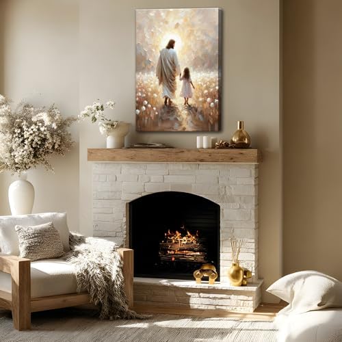Jesus Walking with Girl Wall Art Christian Kids Room Wall Decor Jesus Children Prints Painting Christian Religious Artwork I Will Walk With Christ Prints for Girl Room Bedroom 16x24 Inch Ready to Hang