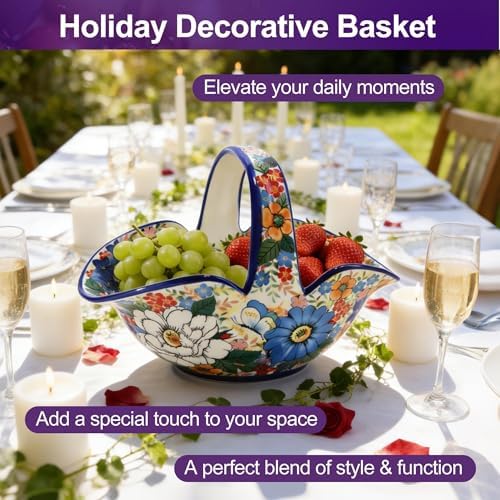Ceramic Fruit Basket with Handle, Small Decorative Table Candy Bowl