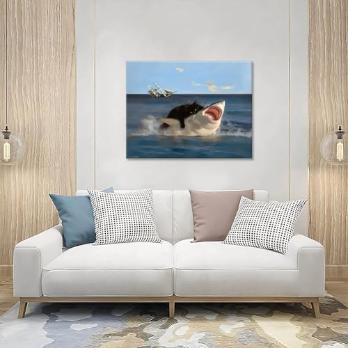Yaneiro Framed Black Cat Bathroom Wall Art, Funny Quirky Cat and Shark Pictures Canvas Print, Abstract Black Cat Shark Posters Wall Decor for Room Bedroom Living Room Bathroom 12x16 in