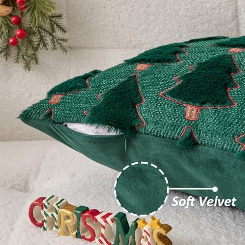 Kevin Textile Christmas Tree Pillow Covers 18x18 Inch Set of 2 Luxury Embroidery Soft Plush Faux Fur Decoration Pillowcases for Couch Sofa Holiday Festivals Winter Xmas Gift, Dark Green & Red