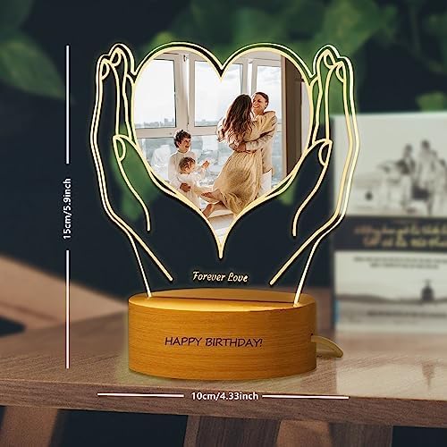 FolHaoth Personalized Photo Acrylic Sign Plaque Gifts for Anniversary Valentines Birthday Customizable LED Night Light Wooden Base Lamps Desk Bedroom Decor Signs