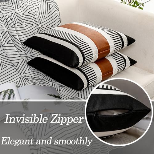 Pack of 2 Faux Leather and Cotton Patchwork Throw Pillow Covers for Sofa Couch Farmhouse Decorative Square Cushion Cover Boho Stripe Accent Pillow Case 20 x 20 Inch, Black