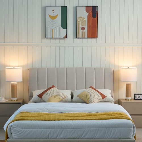 25.75" Rattan Ceramic Table Lamps, Wicker Lamps Set of 2 for Bedroom, White