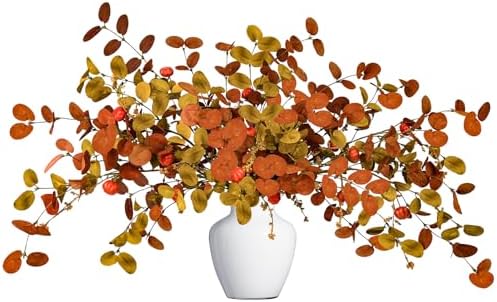 Uieke 8PCS Artificial Fall Eucalyptus Stems, 28inch Fall Eucalyptus Leaves Branches with Orange Pumpkins Long Stems Fall Decorations for Home Autumn Florals Arrangement Thanksgiving Decor