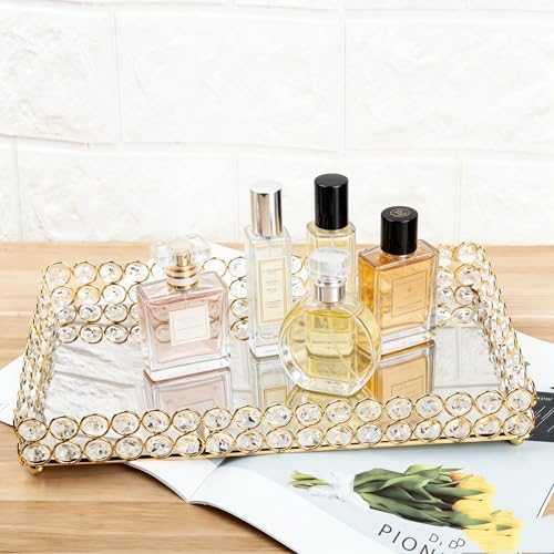 Feyarl Crystal Perfume Fragrance Tray Cosmetic Makeup Vanity Tray Jewelry Trinket Ring Earring Display Organizer Decorative Skin Care Storage for Home Dresser Countertop(13.7 x 7.87 inch)