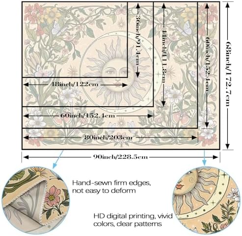 Accnicc Boho Sun and Moon Tapestry Vintage Floral Wall Tapestry for Bedroom Aesthetic Beige Celestial Plant Flower Butterfly Small Tapestries Wall Hanging for Living Room Dorm 48 x 36 Inch