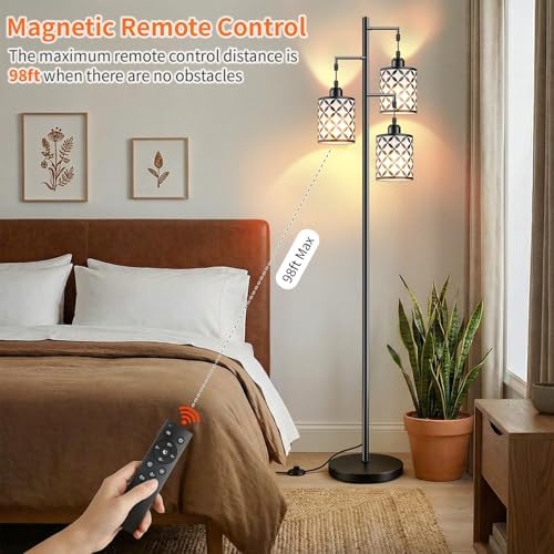 72" Dimmable Floor Lamp with Remote & Timer, Industrial Farmhouse Rustic Standing Lamp for Living Room Bedroom, 3 Individually Controlled Heads, 2 Height Options, 3 x LED Bulbs Included