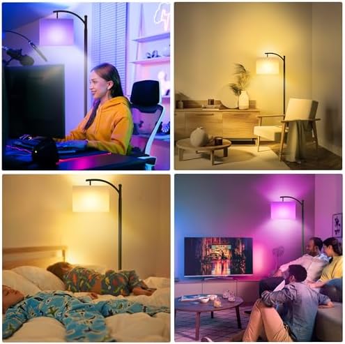 Floor Lamps with Matter Smart Light Bulb, RGB + Color Temperatures Bright Dimmable Smart Floor lamp, Living Room Standing Tall Industrial Floor Lamp (Beige Lampshade Included) -Black