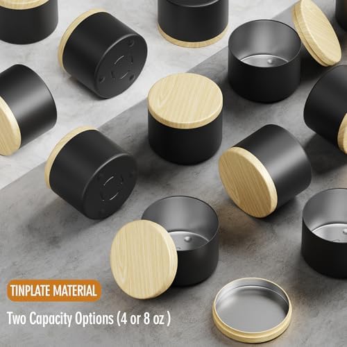 Empty Candles Tins 4 oz Candle Jars 24 pcs Candle Containers for Candle Making with Lid (Black-Woodgrain, 4oz)