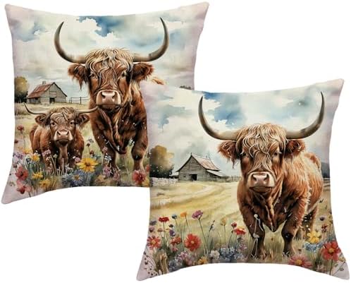 Highland Cow Decorative Throw Pillow Covers with Wildflowers 18x18 Inch Farmhouse Rustic Cushion Cover Western Cows Pillowcase 2Pack for Couch Sofa (Yellow)