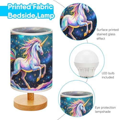 Unicorn Table Lamp LED 3-Color Pressed Bedside, Unicorn Shade Lamp with Wood Base for Bedroom Living Room Desk Office TL01