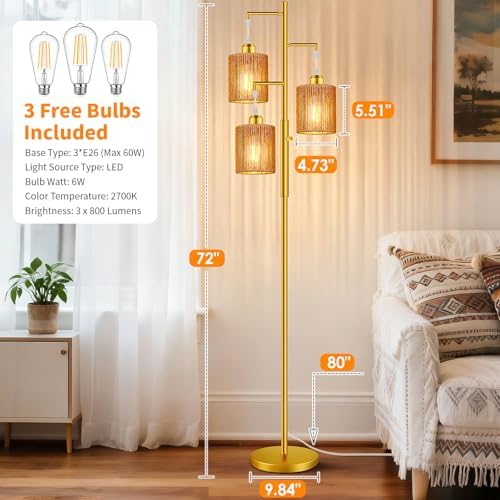 Hotsonic 72" Boho Rattan Tree Floor Lamp, Tall Dimmable Industrial Standing Lamp, Corner Decor Accent Lighting for Living Room, Bedroom, Dining Room, Nursery, Cafe (3 x 800LM Bulbs Included) - Gold