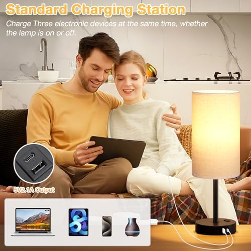 Dicoool 17.4" Bedside Lamp for Bedroom - Dimmable Touch, USB A+C, AC Outlet