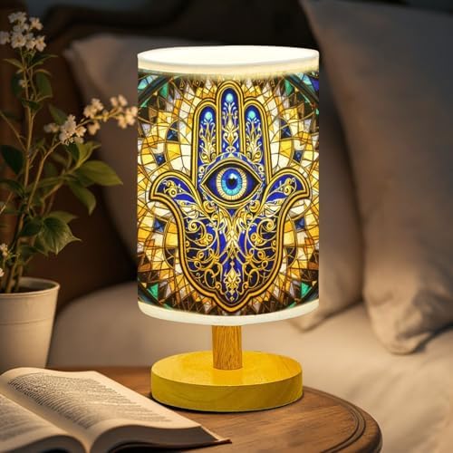 Hamsa Hand Table Lamp LED 3-Color Pressed Bedside, Hamsa Hand Shade Lamp with Wood Base for Bedroom Living Room Desk Office TL01