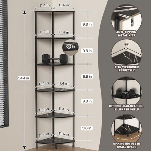 6 Tier Corner Book Shelf, 54.4", Marble Black