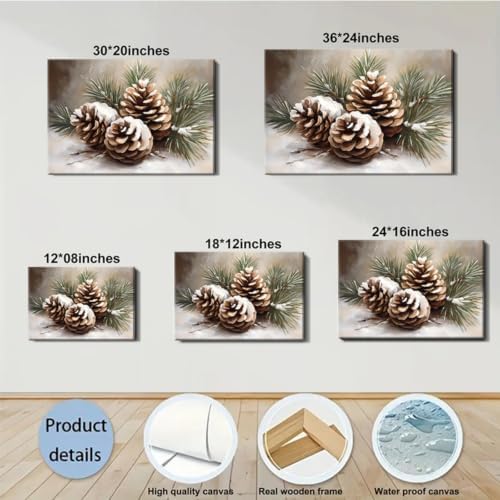 Framed Christmas Wall Decor for Living Room 8x12inch, Vintage Pinecone Still Life Canvas Print, Rustic Winter Snow Scene Pictures Artwork, Farmhouse Season Wall Art for Home Decor