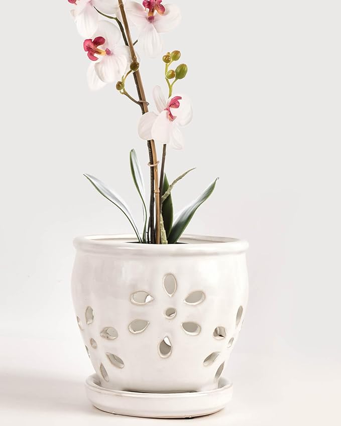 vensovo 5 Inch Ceramic Orchid Pot with Holes and Saucer, White