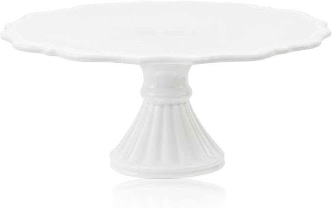 10 Inch Cake Stand, Relief Round Dessert Cake Stand for 8 Inch Cake | Ceramic Cupcake Stand for Birthday, Wedding, Baby Shower, Tea Party and Other Celebrations (White)