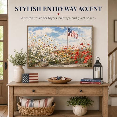 American Flag Framed Canvas Wall Art, 4th of July Patriotic Canvas Prints | Wildflower Landscape Poster Print, Vintage Rustic Independence Day Wall Decor for Bedroom Living Room Office 24×36in