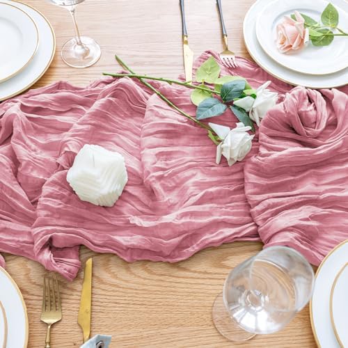Wokceer Cheesecloth Table Runner 10FT Boho Gauze Runner for Party, Pink