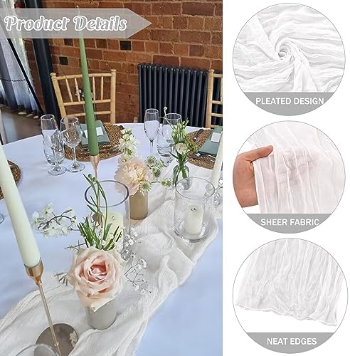 6 Pieces White 10FT Cheesecloth Table Runner Boho Gauze Fabric Table Runner Rustic Sheer Runner for Wedding Birthday Baby Shower Party Boho Table Decoration（White）