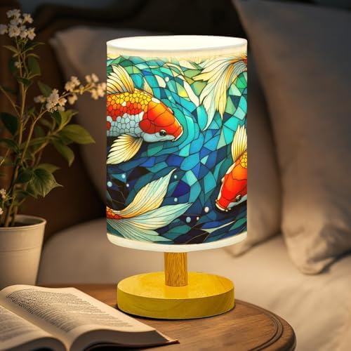 Koi Fish Table Lamp LED 3-Color Pressed Bedside, Koi Fish Shade Lamp with Wood Base for Bedroom Living Room Desk Office TL01