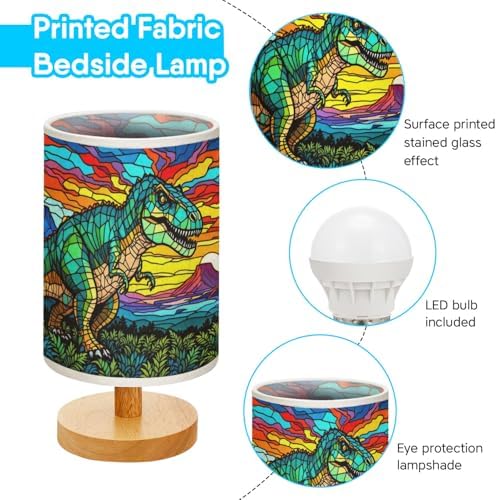 Dinosaurus Table Lamp LED 3-Color Pressed Bedside, Dinosaur Shade Lamp with Wood Base for Bedroom Living Room Desk Office TL01