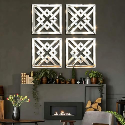 QMDECOR 12x12 Inch Geometric Wall Mirror with Beveled Edge - Modern Silver Decorative Mirror for Living Room, Entryway, Hallway & Bedroom - Durable Black MDF Backing with 3 Hanging Hooks