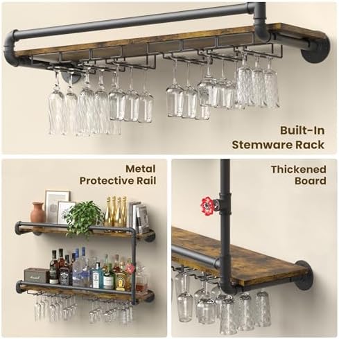 Merapi 2 Tier Floating Shelf Wine Rack with Stemware Holder