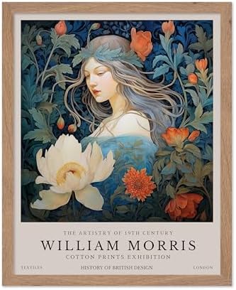 Monem Art William Morris Poster - Woman and Flowers Art Print - Lady Art - Floral Design - Flower Illustration - Aesthetic Bedroom or Living Room Decor - 11x14 Beige Framed