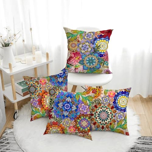 Boho Floral Throw Pillows Covers 18x18 in Colorful Flower Set of 4