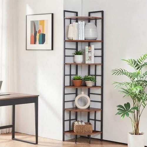 HOMISSUE Corner Shelf, 6 Tier Tall Narrow Bookshelf 76.9", Industrial Corner Bookcase with Storage for Home Office Living Room and Bedroom, Rustic Brown