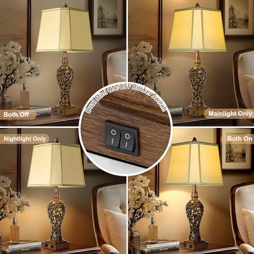 28.5" Farmhouse Vintage Table Lamp Set of 2 with Nightlight, Dark Bronze